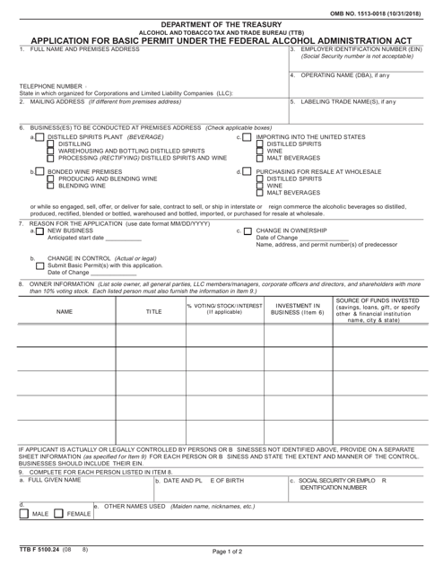 TTB Form 5100.24 Application for Basic Permit Under the Federal Alcohol Administration Act