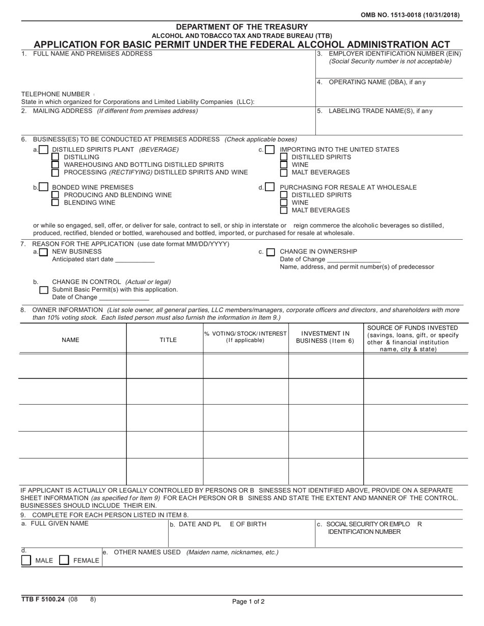 TTB Form 5100.24 Application for Basic Permit Under the Federal Alcohol Administration Act, Page 1