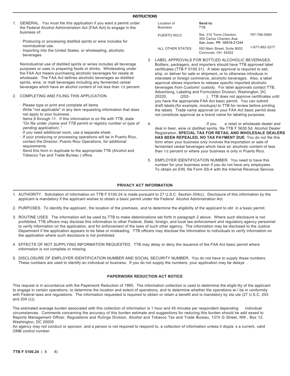 TTB Form 5100.24 Application for Basic Permit Under the Federal Alcohol Administration Act, Page 3