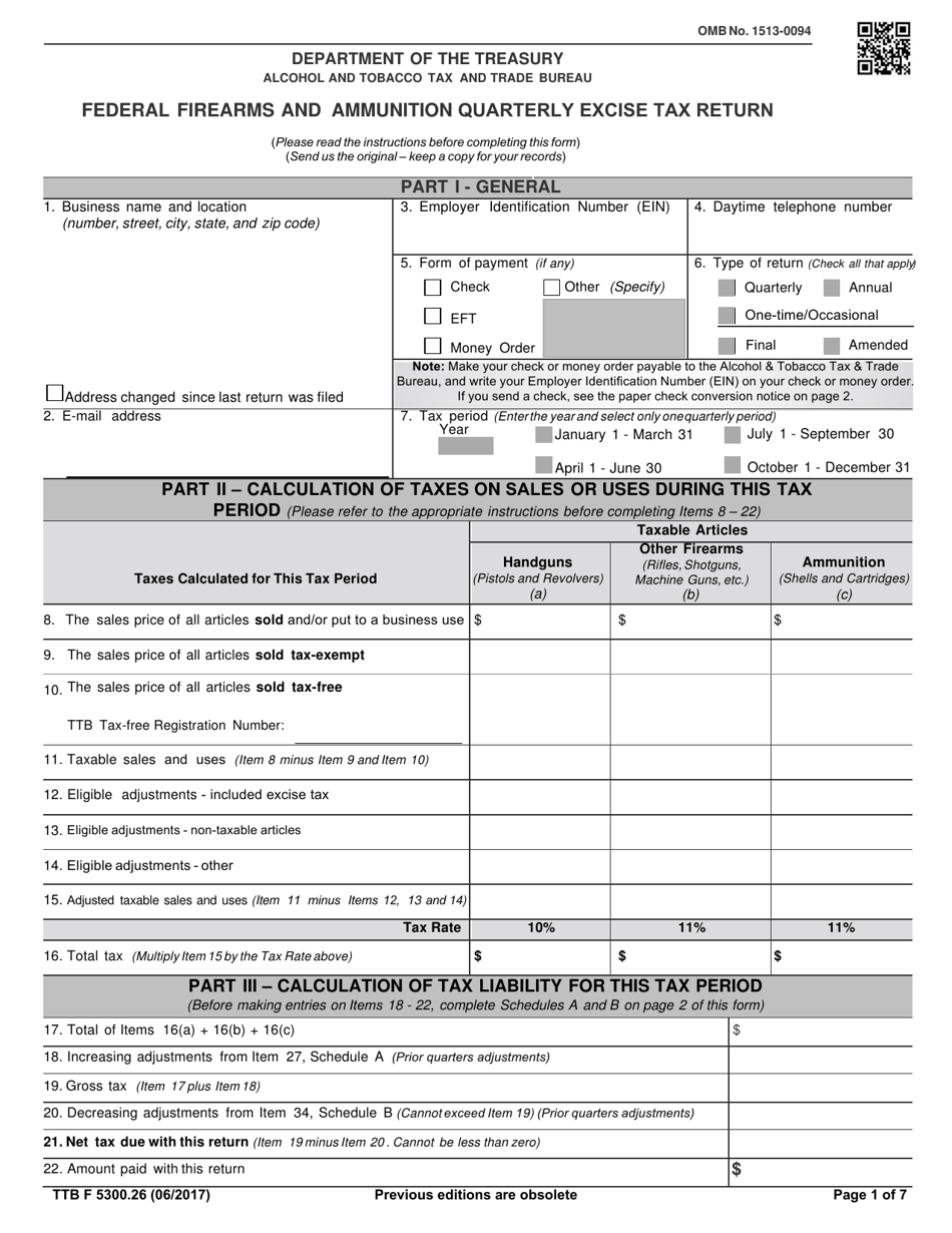 TTB Form 5300.26 Federal Firearms and Ammunition Quarterly Excise Tax Return, Page 1