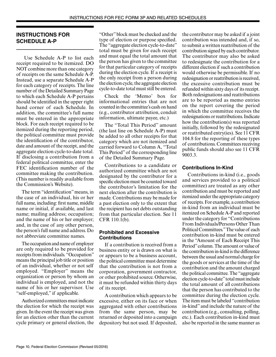 Instructions for FEC Form 3P Report of Receipts and Disbursements by an Authorized Committee of a Candidate for the Office of President or Vice President, Page 10