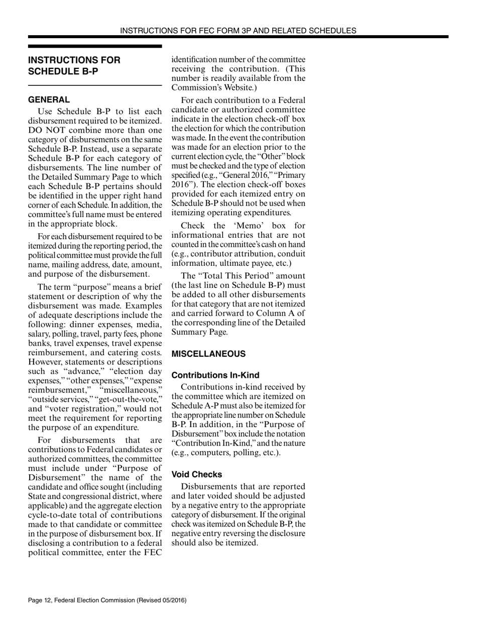 Instructions for FEC Form 3P Report of Receipts and Disbursements by an Authorized Committee of a Candidate for the Office of President or Vice President, Page 12