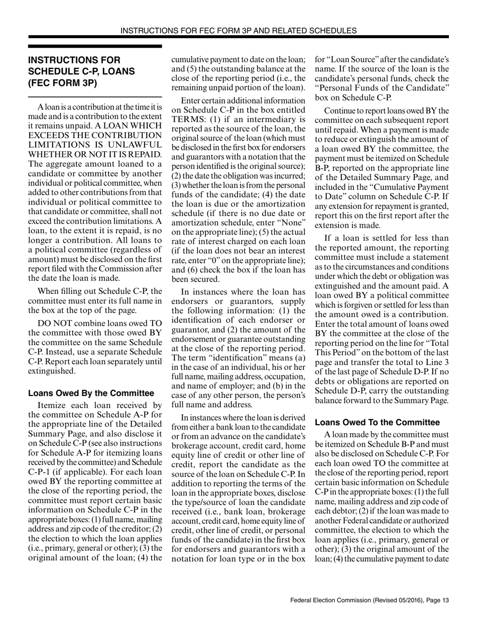 Instructions for FEC Form 3P Report of Receipts and Disbursements by an Authorized Committee of a Candidate for the Office of President or Vice President, Page 13