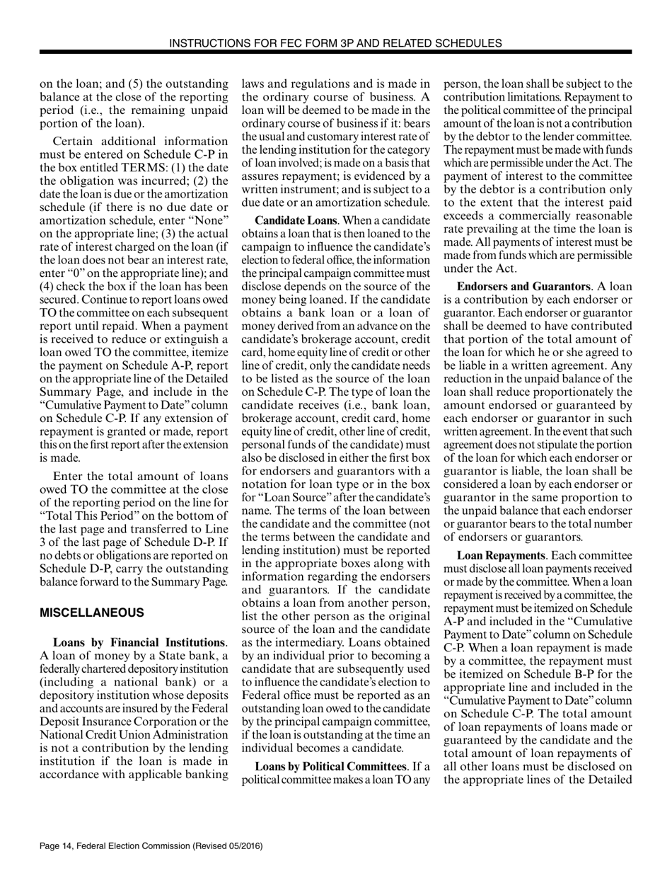 Instructions for FEC Form 3P Report of Receipts and Disbursements by an Authorized Committee of a Candidate for the Office of President or Vice President, Page 14