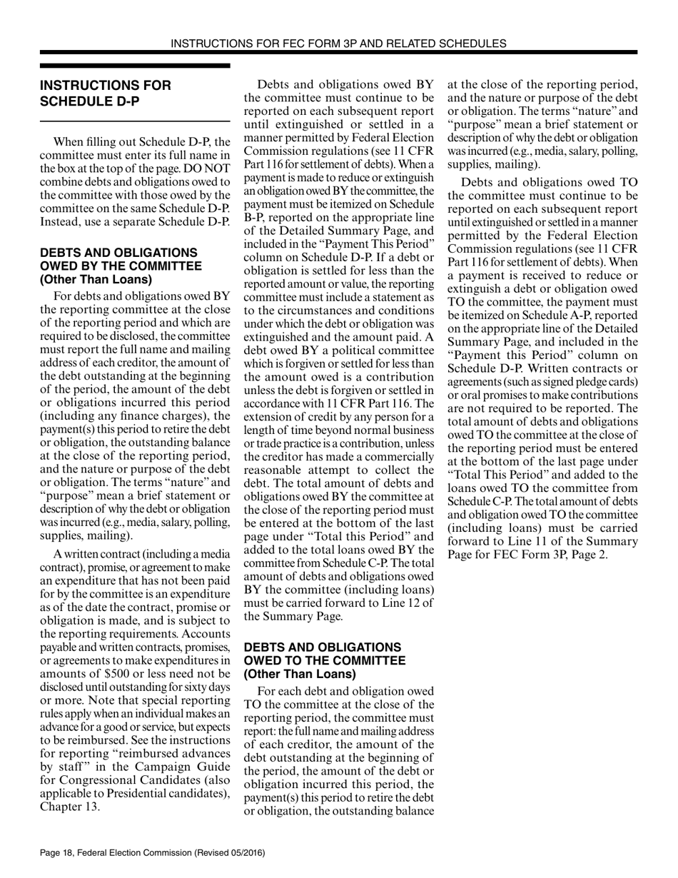Instructions for FEC Form 3P Report of Receipts and Disbursements by an Authorized Committee of a Candidate for the Office of President or Vice President, Page 18