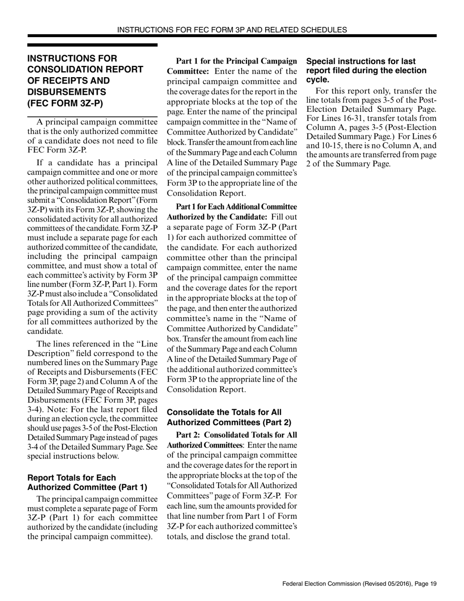 Instructions for FEC Form 3P Report of Receipts and Disbursements by an Authorized Committee of a Candidate for the Office of President or Vice President, Page 19