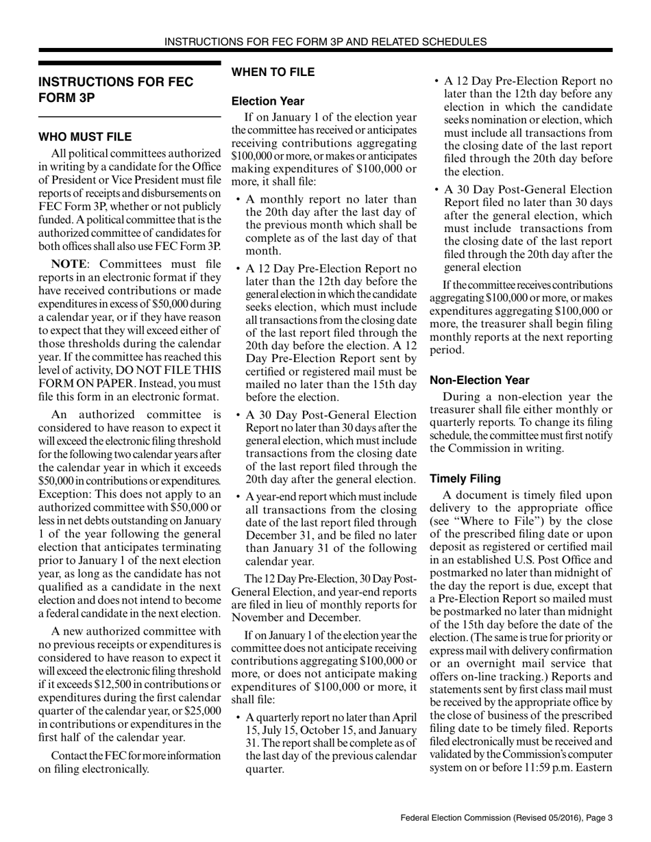 Instructions for FEC Form 3P Report of Receipts and Disbursements by an Authorized Committee of a Candidate for the Office of President or Vice President, Page 3