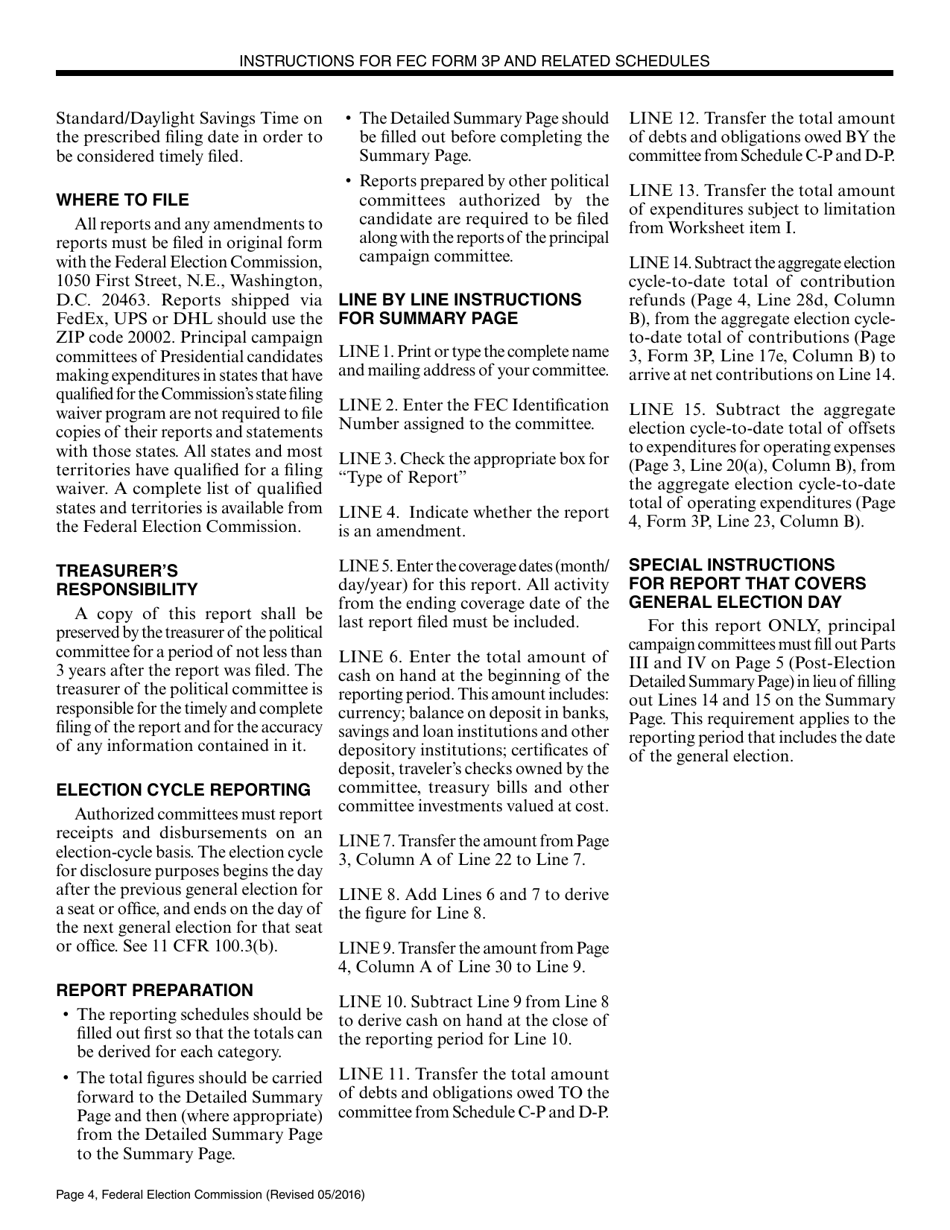 Instructions for FEC Form 3P Report of Receipts and Disbursements by an Authorized Committee of a Candidate for the Office of President or Vice President, Page 4