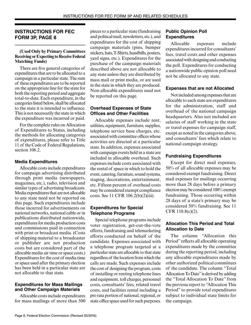 Instructions for FEC Form 3P Report of Receipts and Disbursements by an Authorized Committee of a Candidate for the Office of President or Vice President, Page 8