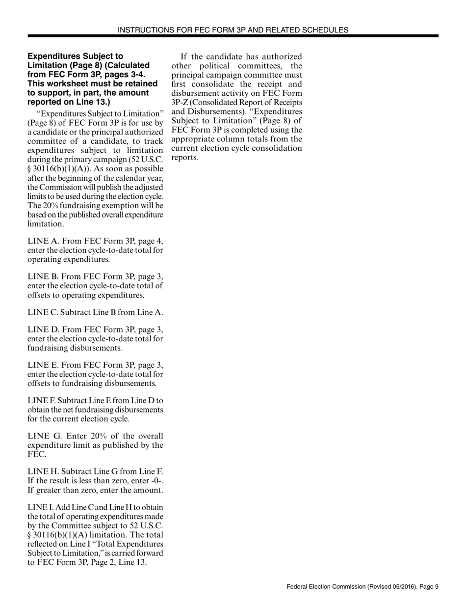 Instructions for FEC Form 3P Report of Receipts and Disbursements by an Authorized Committee of a Candidate for the Office of President or Vice President, Page 9