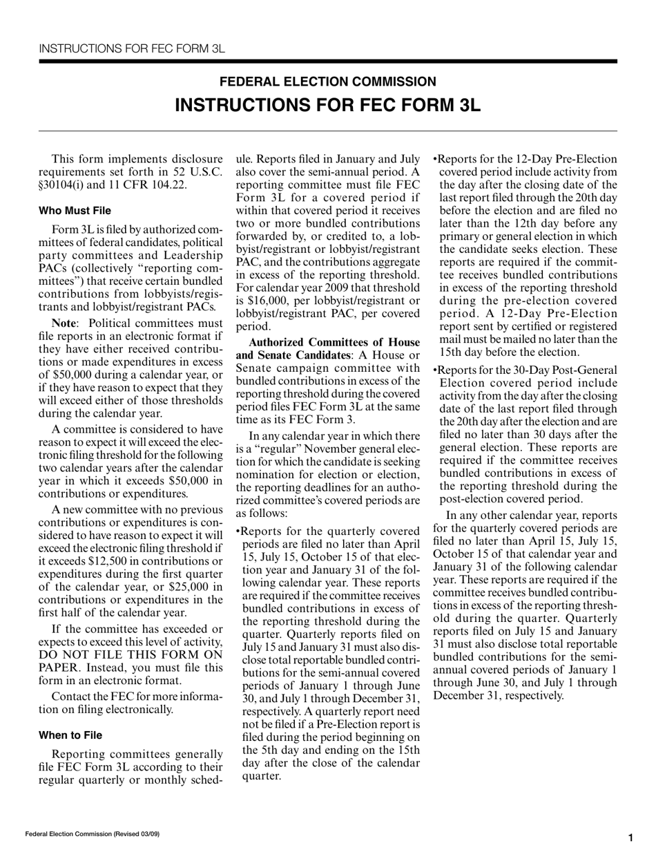 Instructions for FEC Form 3L Report of Contributions Bundled by Lobbyists / Registrants and Lobbyist / Registrant Pacs, Page 1