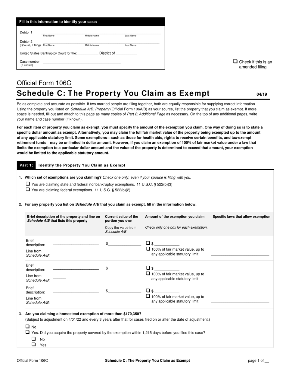 Official Form 106C Schedule C The Property Claimed as Exempt, Page 1