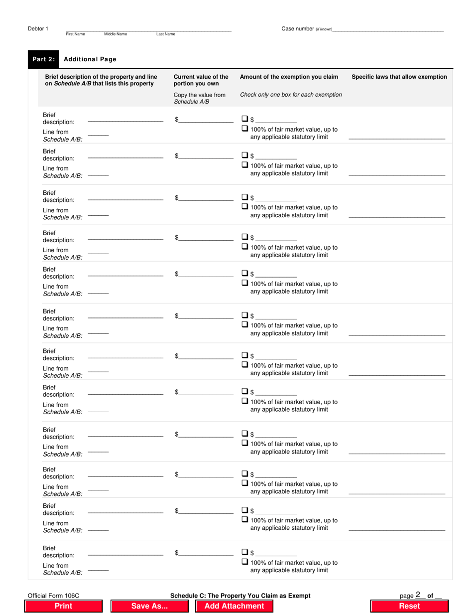 Official Form 106C Schedule C The Property Claimed as Exempt, Page 2