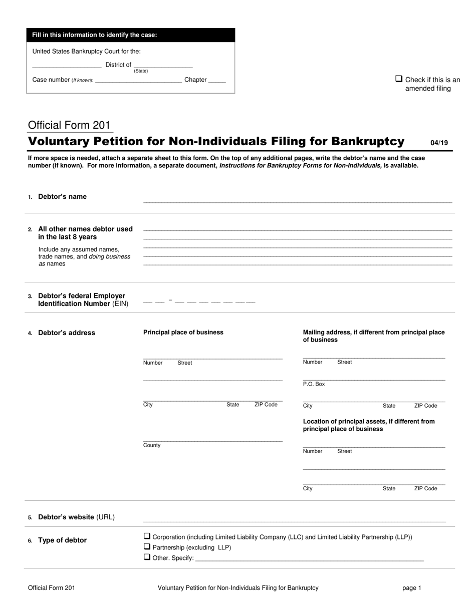 Official Form 201 Voluntary Petition for Non-individuals Filing for Bankruptcy, Page 1