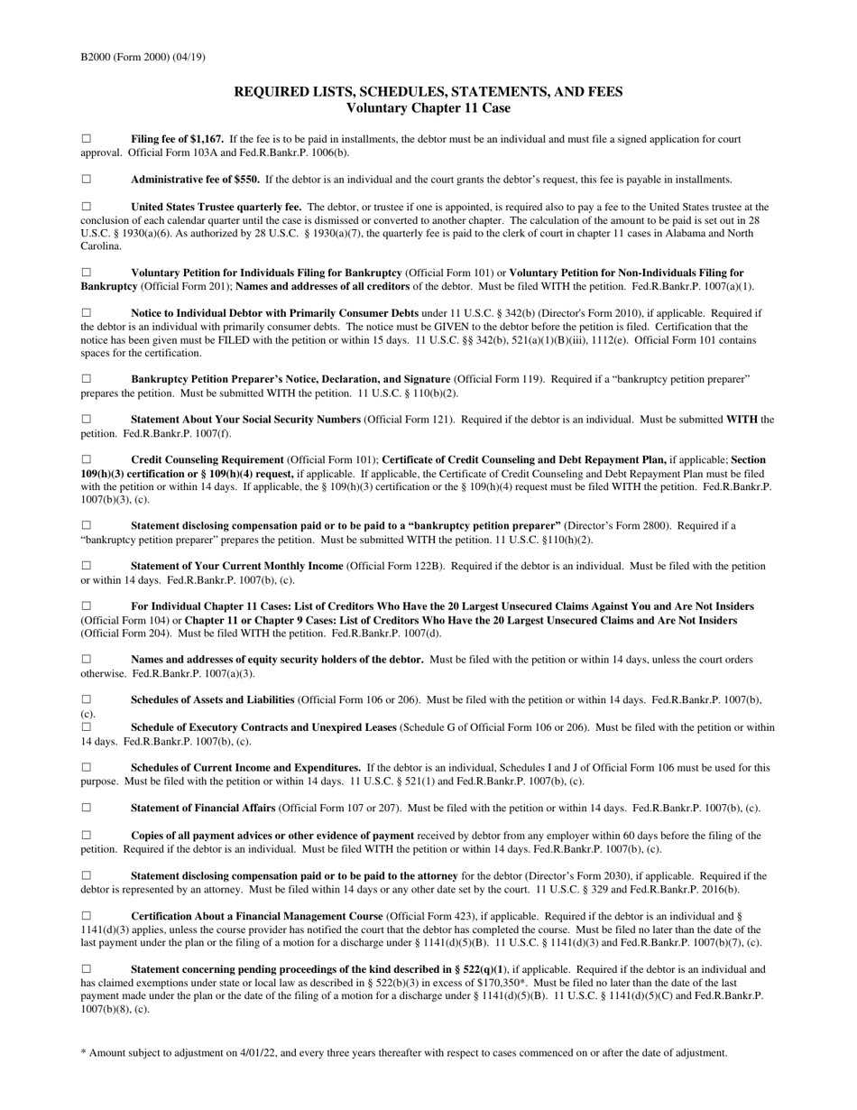 Form B2000 Required Lists, Schedules, Statements, and Fees, Page 2