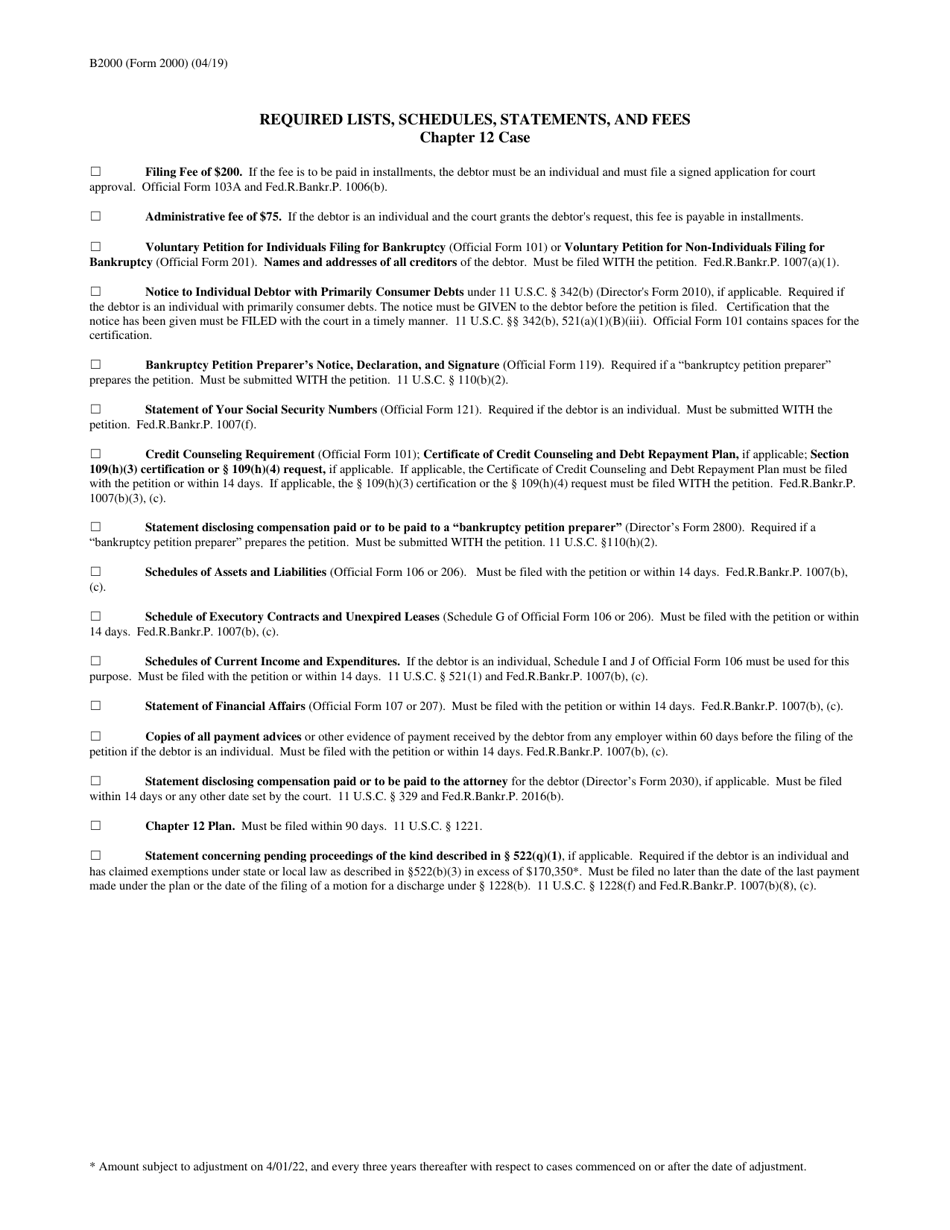 Form B2000 Required Lists, Schedules, Statements, and Fees, Page 3