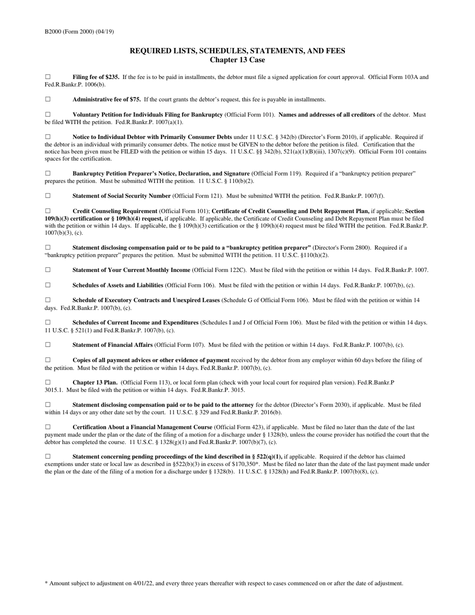Form B2000 Required Lists, Schedules, Statements, and Fees, Page 4