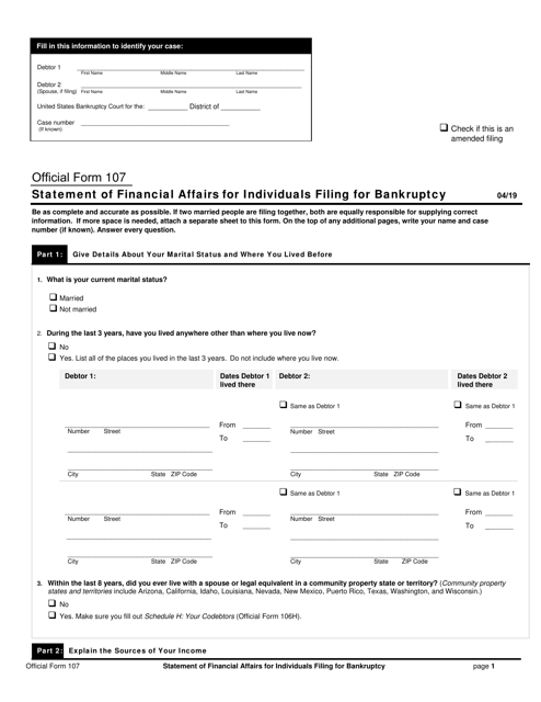 Official Form 107 Statement of Financial Affairs for Individuals Filing for Bankruptcy