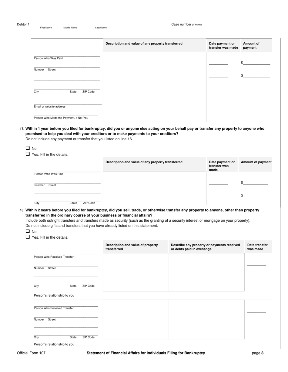 Official Form 107 Statement of Financial Affairs for Individuals Filing for Bankruptcy, Page 8