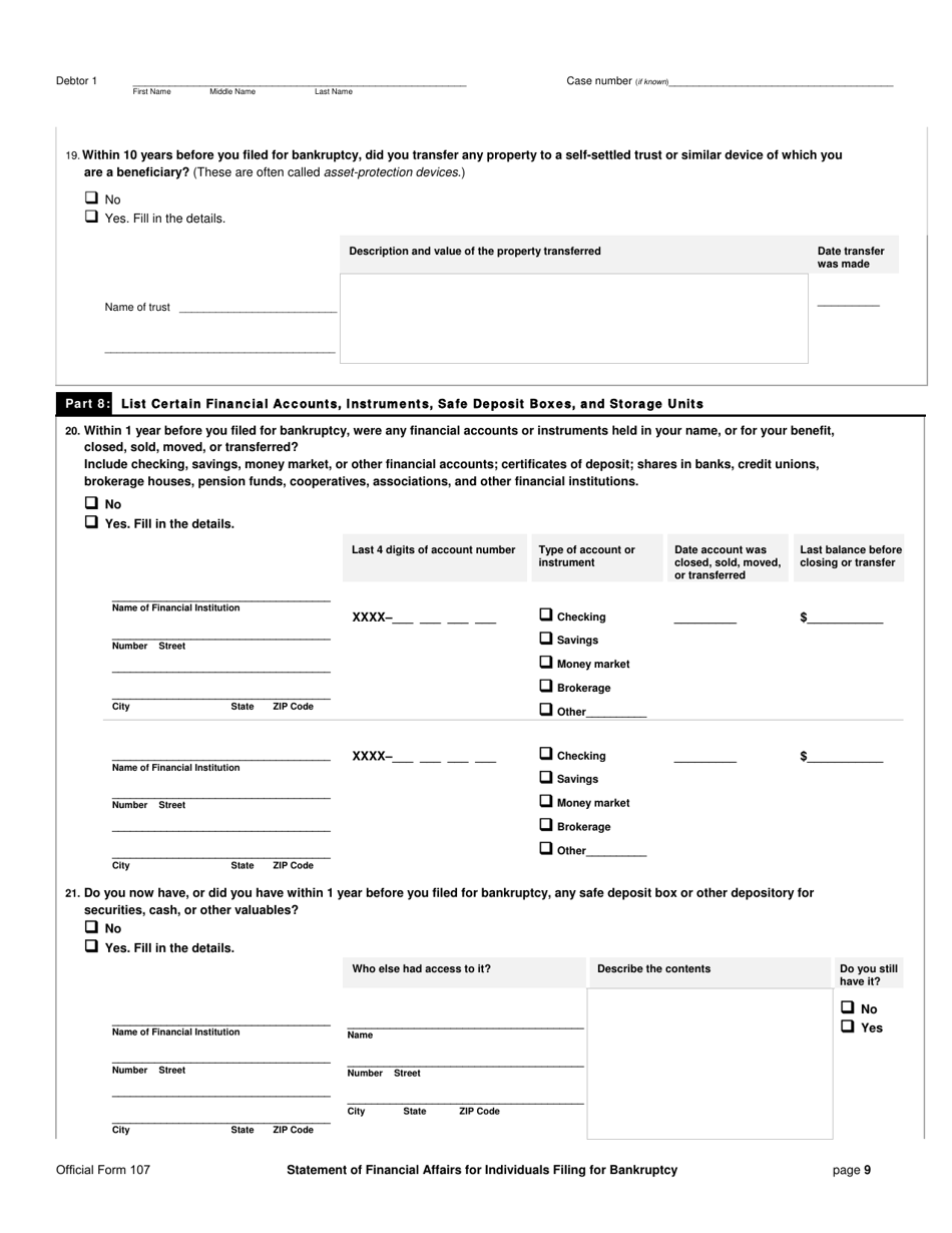 Official Form 107 Statement of Financial Affairs for Individuals Filing for Bankruptcy, Page 9