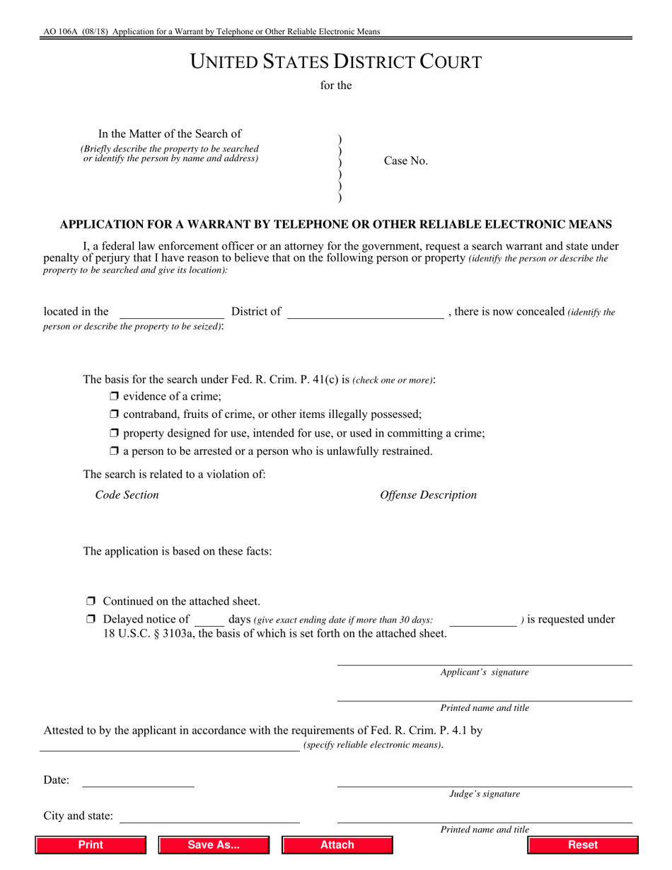 Form AO106A Application for a Warrant by Telephone or Other Reliable Electronic Means, Page 1
