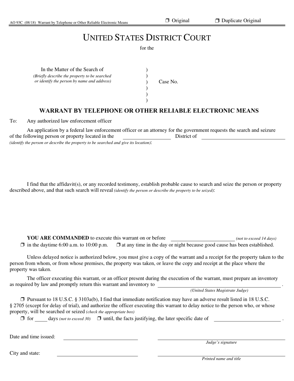 Form AO93C Warrant by Telephone or Other Reliable Electronic Means, Page 1