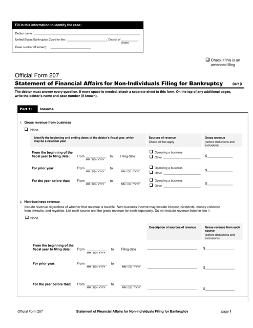 Official Form 207 Statement of Financial Affairs for Non-individuals Filing for Bankruptcy