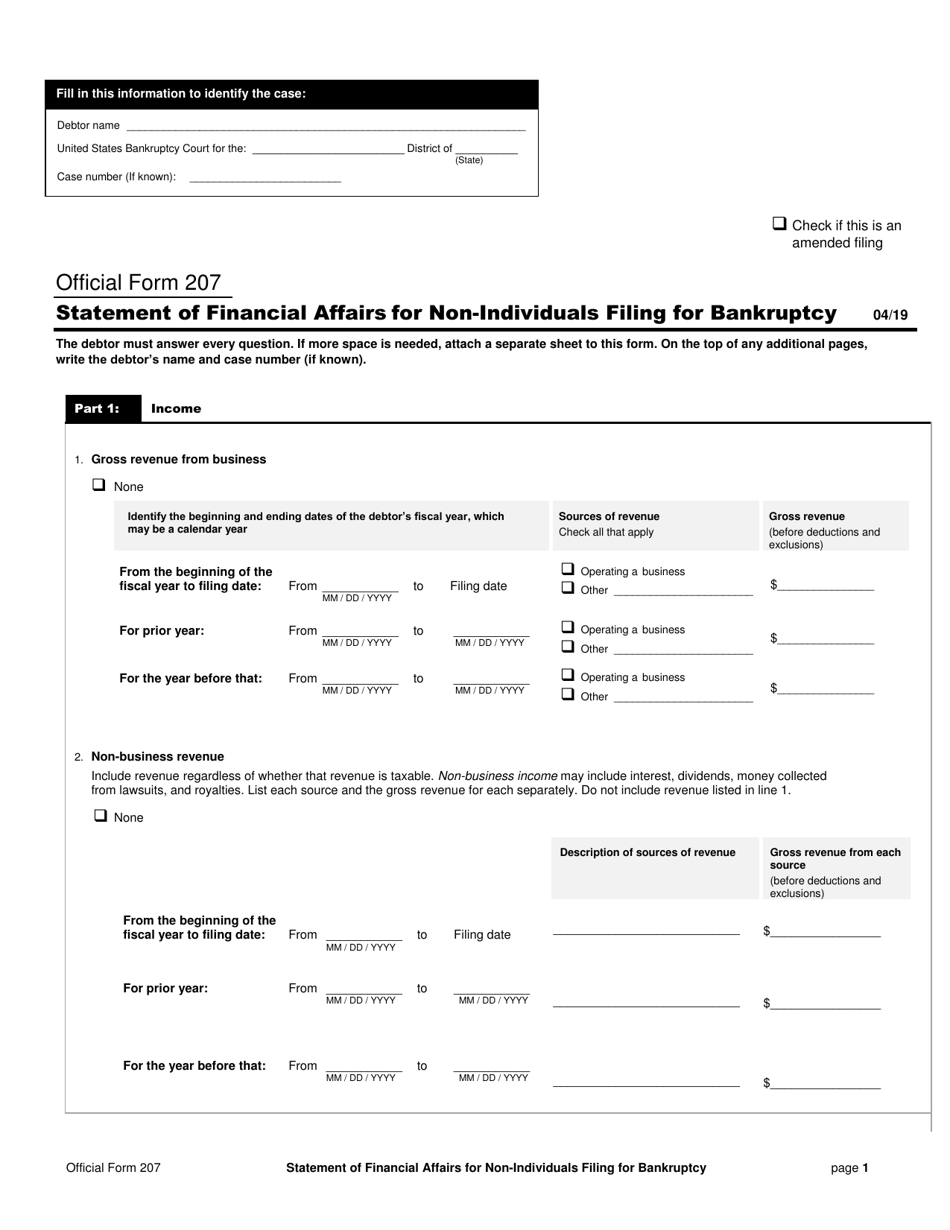 Official Form 207 Statement of Financial Affairs for Non-individuals Filing for Bankruptcy, Page 1