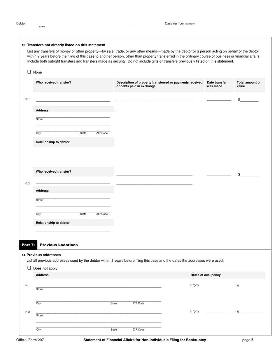 Official Form 207 Statement of Financial Affairs for Non-individuals Filing for Bankruptcy, Page 6