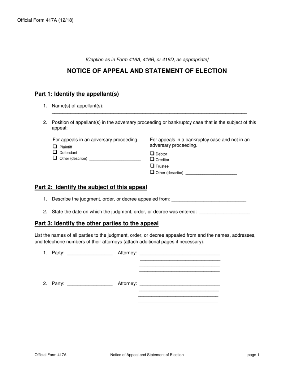 Official Form 417A Notice of Appeal and Statement of Election, Page 1