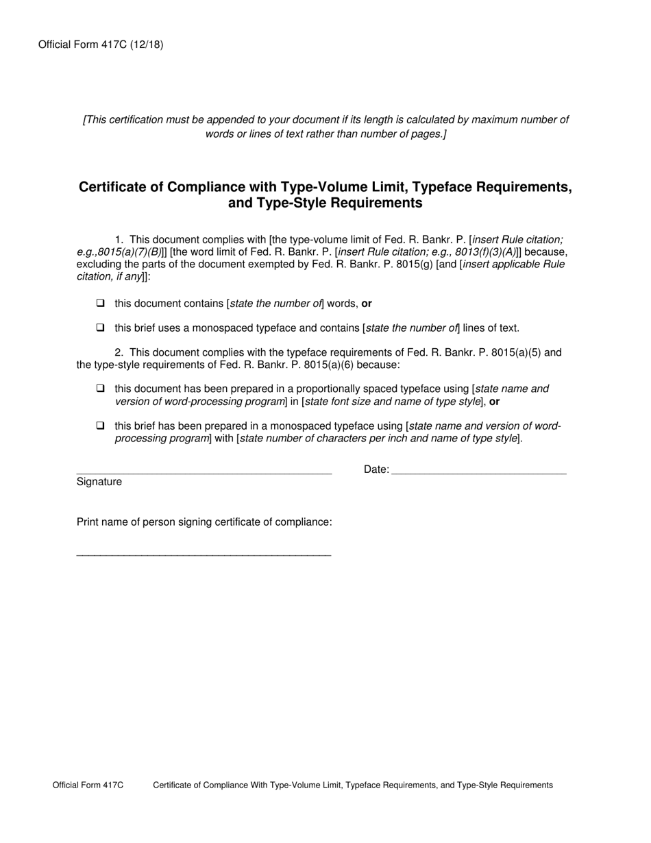 Official Form 417C Certificate of Compliance With Type-Volume Limit, Typeface Requirements, and Type-Style Requirements, Page 1
