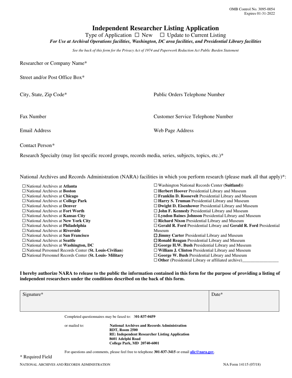 NA Form 14115 Independent Researcher Listing Application, Page 1