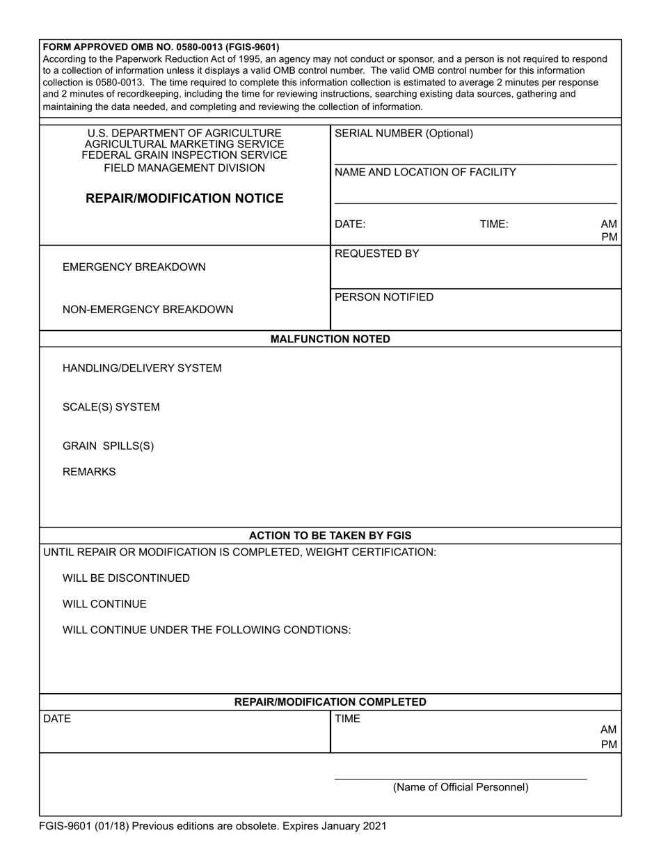 Form FGIS-9601 Repair / Modification Notice, Page 1