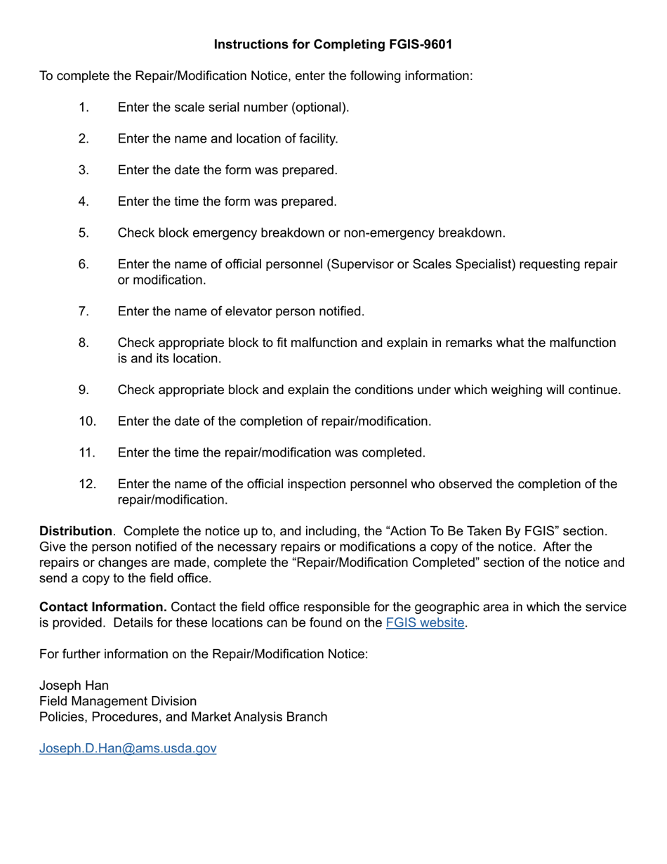 Form FGIS-9601 Repair / Modification Notice, Page 2