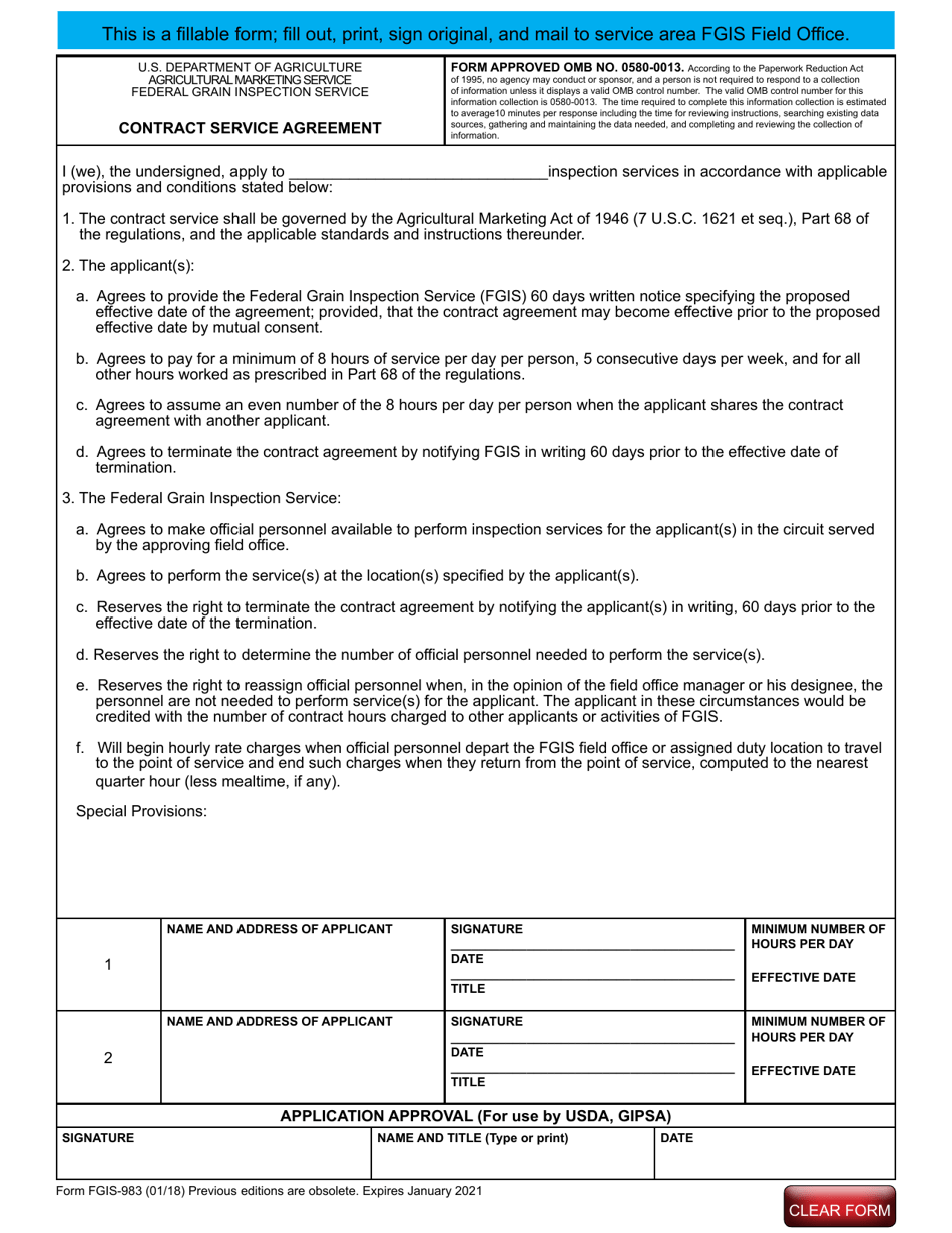 Form FGIS-983 Contract Service Agreement, Page 1