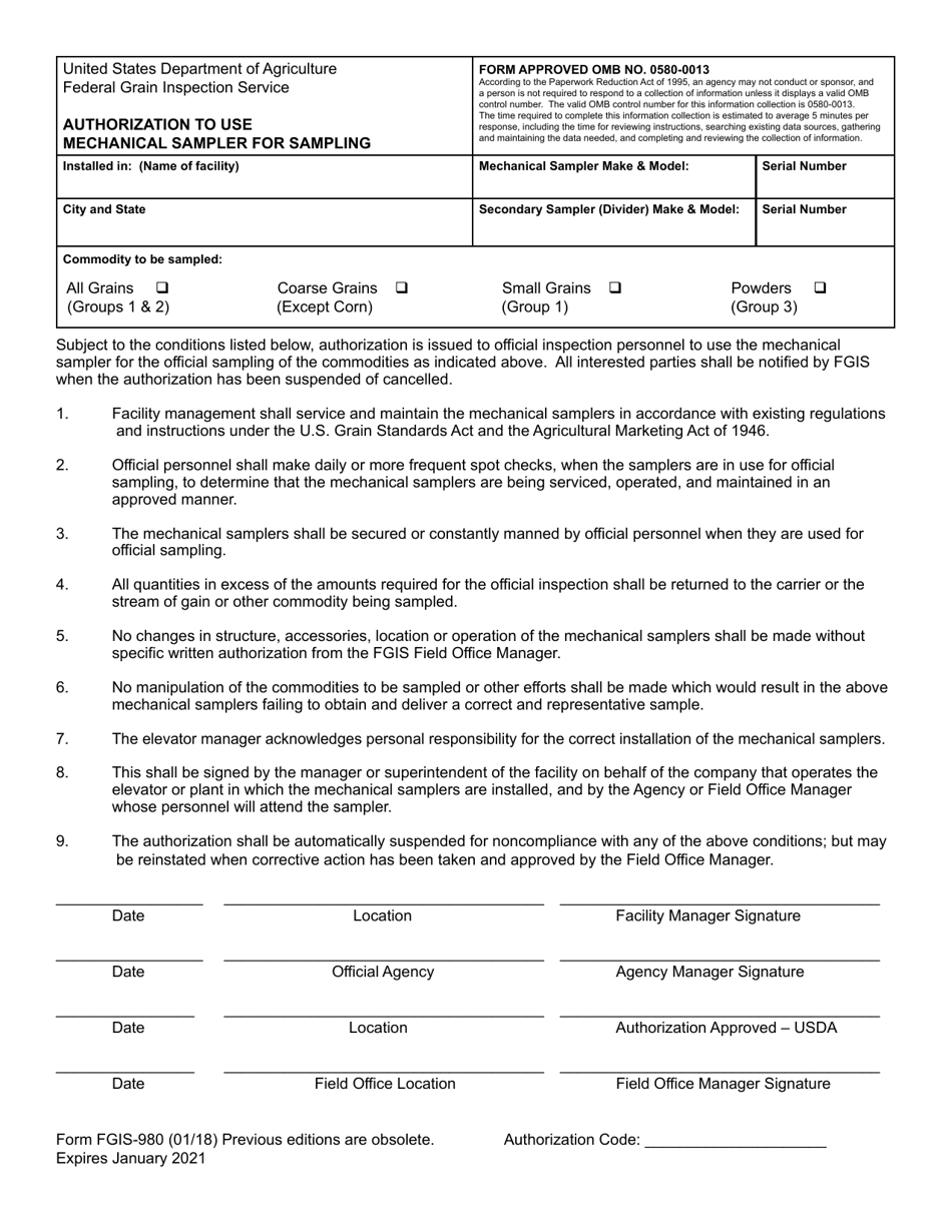 Form FGIS-980 Authorization to Use Mechanical Sampler for Sampling, Page 1