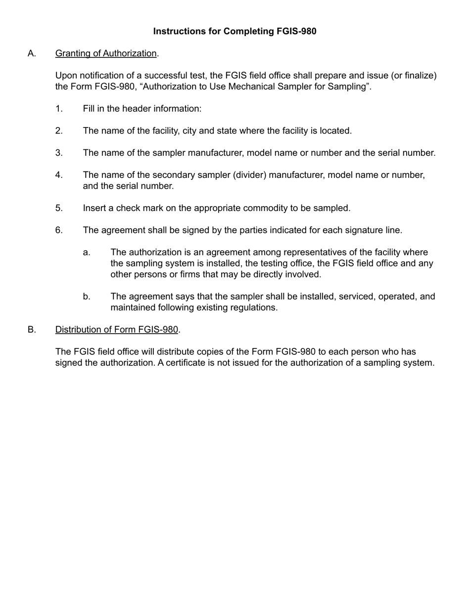 Form FGIS-980 Authorization to Use Mechanical Sampler for Sampling, Page 2