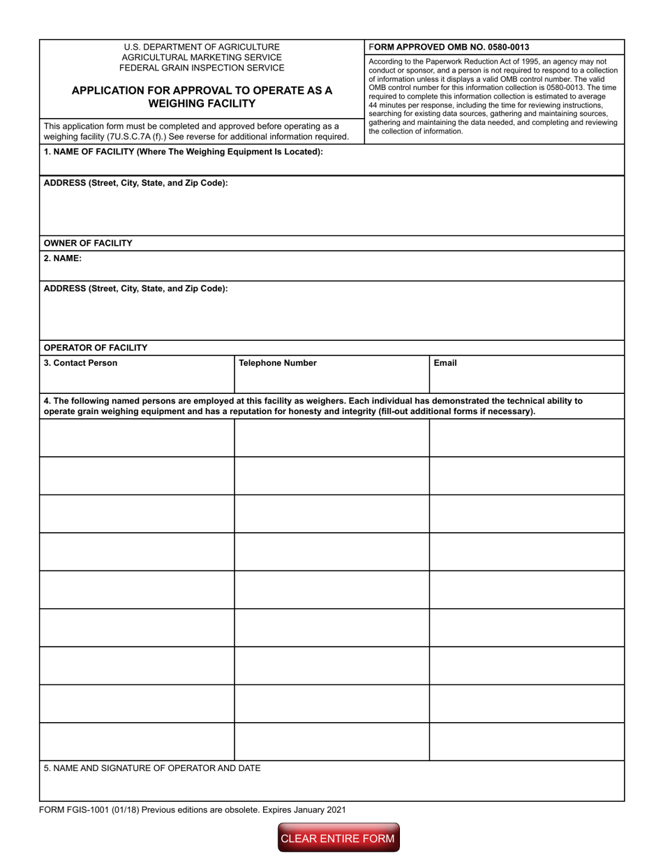 Form FGIS-1001 Application for Approval to Operate as a Weighing Facility, Page 1
