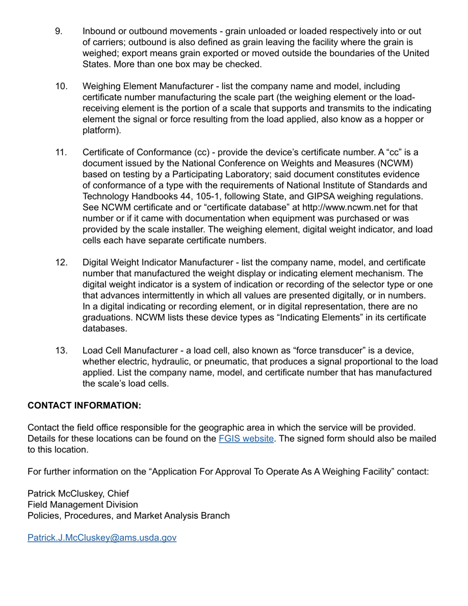 Form FGIS-1001 Application for Approval to Operate as a Weighing Facility, Page 4