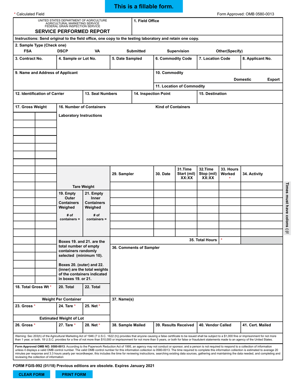 Form FGIS-992 Service Performed Report, Page 1