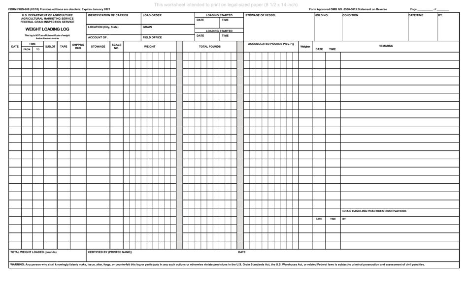 Form FGIS-968 Weight Loading Log, Page 1