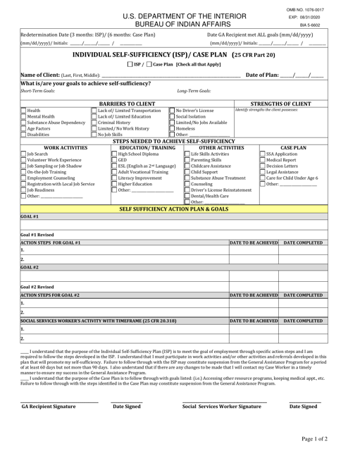 BIA Form 5-6602 Individual Self-sufficiency Plan (Isp)/Case Plan