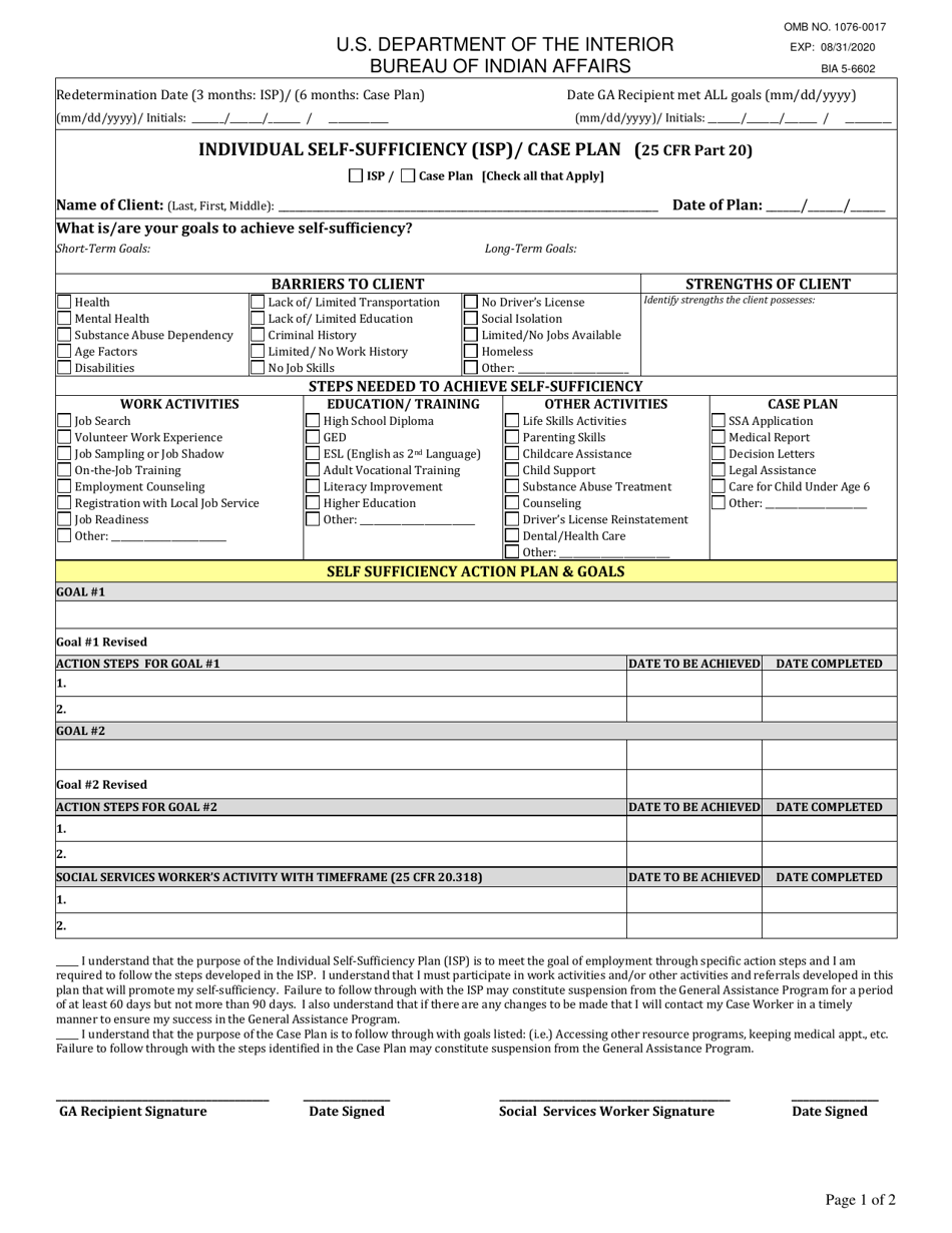 BIA Form 5-6602 Individual Self-sufficiency Plan (Isp) / Case Plan, Page 1