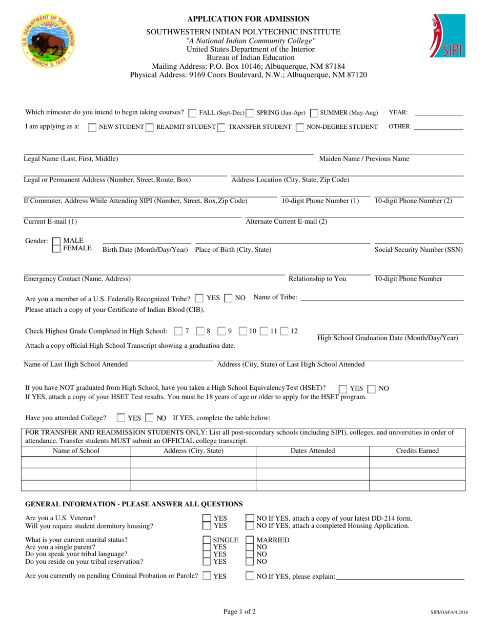 Application for Admission - Southwestern Indian Polytechnic Institute (Sipi), Page 1