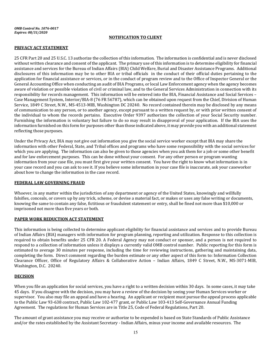 BIA Form 5-6601 Application for Financial Assistance and Social Services, Page 17