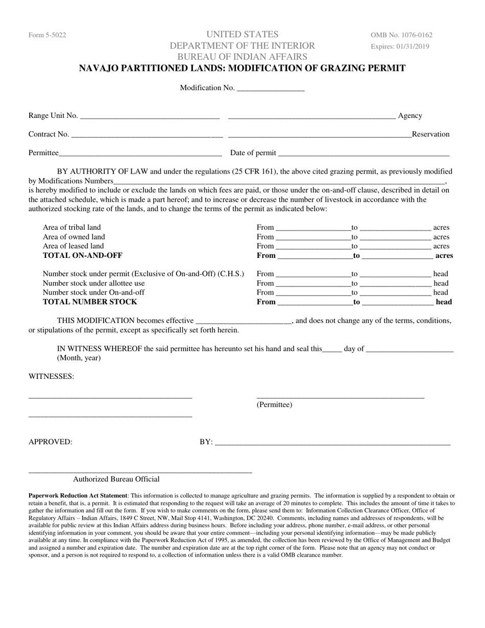 BIA Form 5-5022 Navajo Partitioned Lands: Modification of Grazing Permit, Page 1