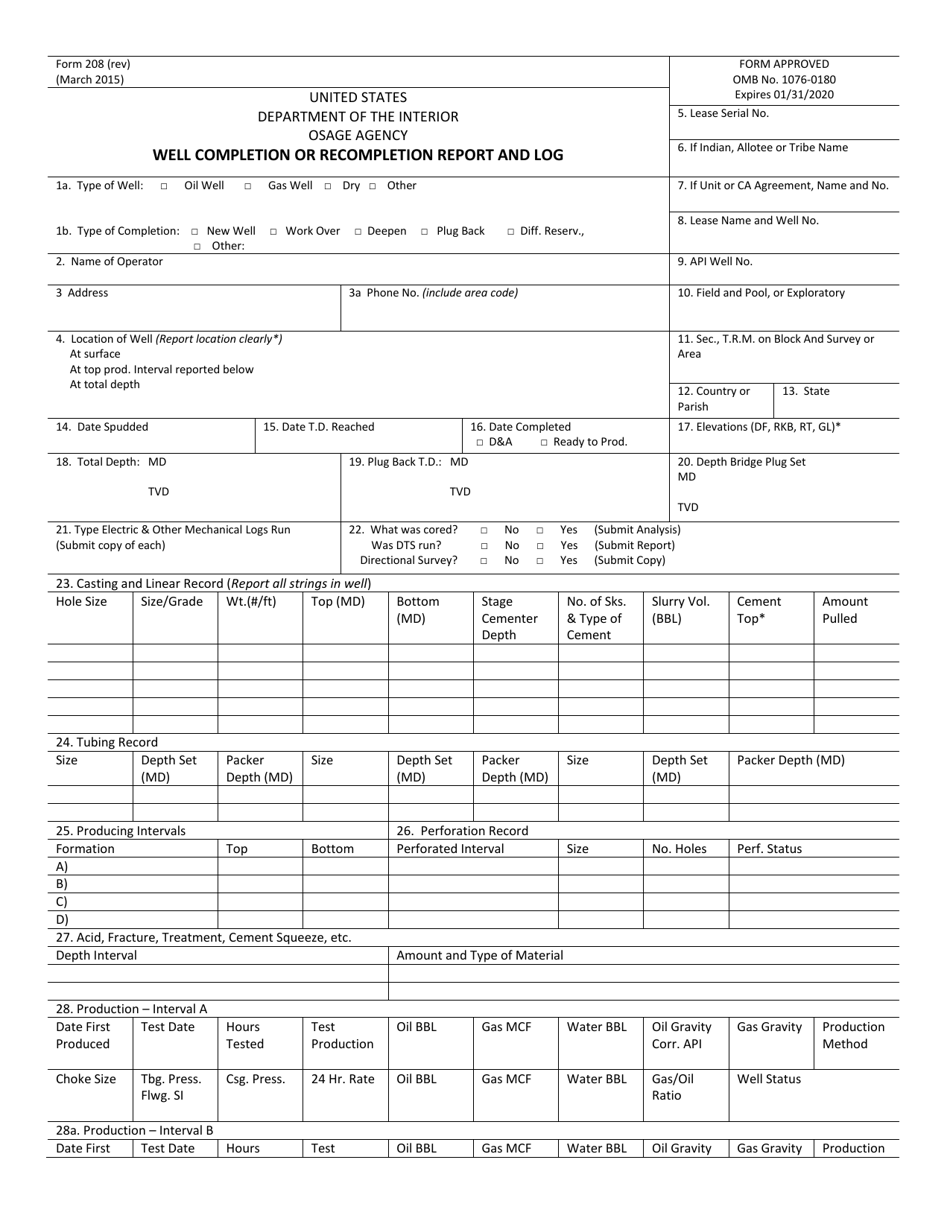Osage Form 208 Well Completion or Recompletion Report and Log, Page 1