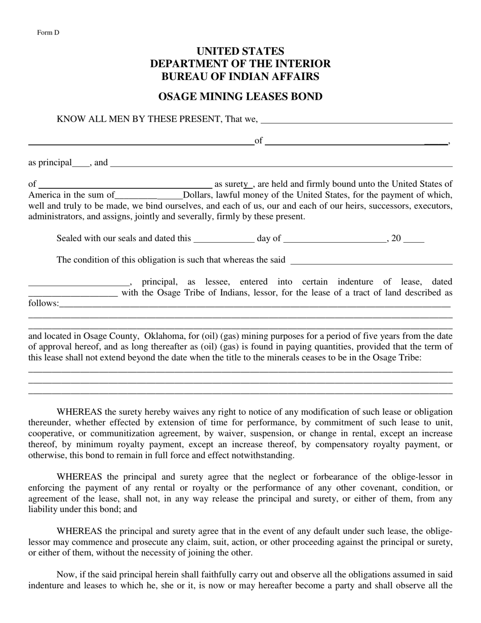 Osage Form D Osage Mining Leases Bond, Page 1