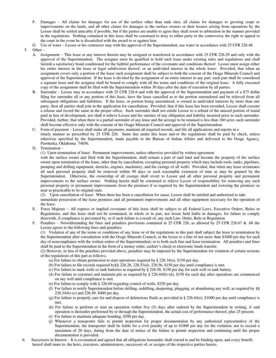 Osage Form B Oil Mining Lease Osage Reservation, Oklahoma, Page 2
