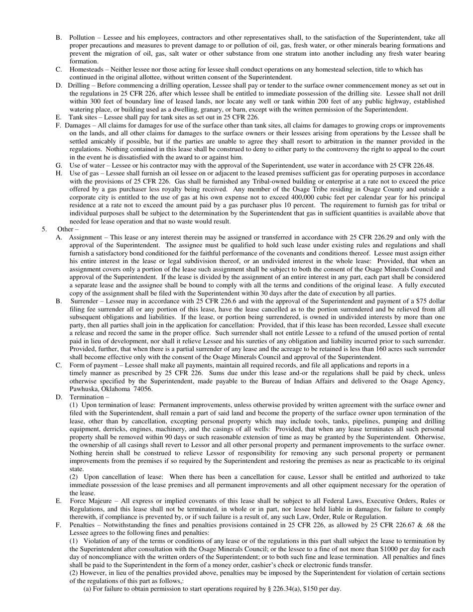 Osage Form A Gas Mining Lease Osage Reservation, Oklahoma, Page 2